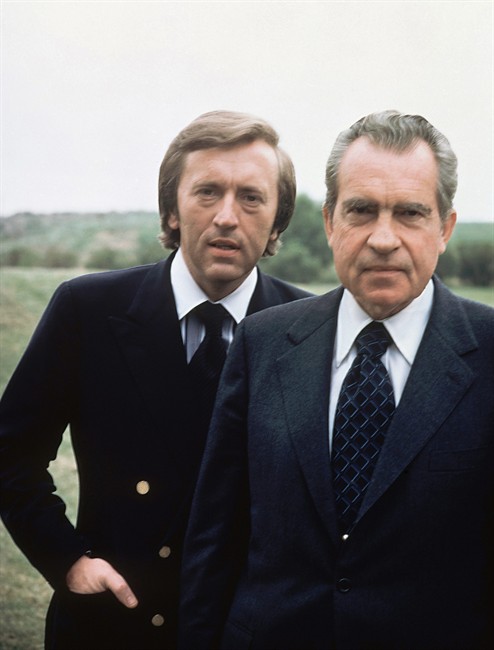 Former US President Richard M. Nixon, right, with broadcaster David Frost in California in this 1977 file photo. Sir David Frost has died at the age of 74 his family said in a statement Sunday Sept. 1 2013. (AP Photo, file)