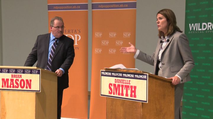 NDP Leader Brian Mason and Wildrose Leader Danielle Smith debate at the University of Alberta Wednesday, September 18, 2013.