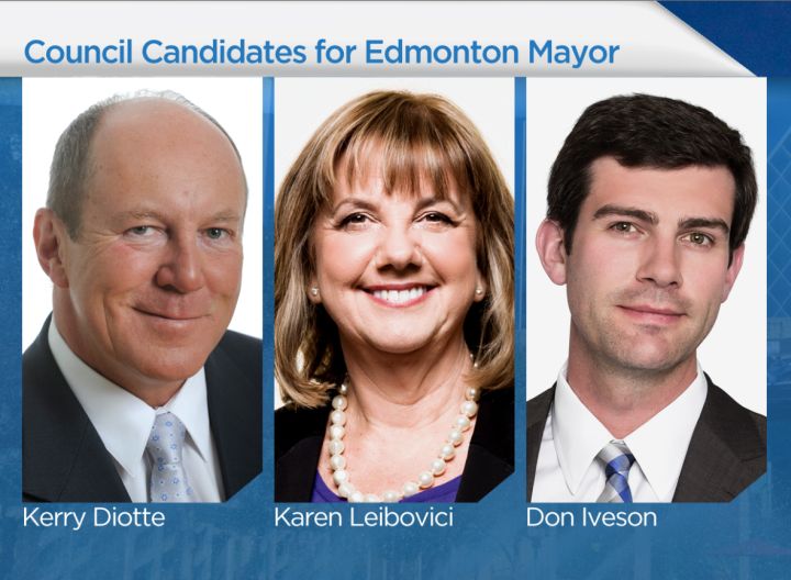 Edmonton mayoral candidates Kerry Diotte, Karen Leibovici and Don Iveson.