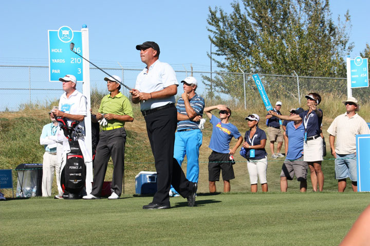 Rocco Mediate tees off on the 16th hole at the inaugural Shaw Charity Classic. Mediate would eventually win the tournament by seven strokes.