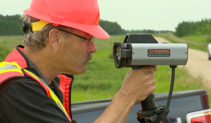 Portable photo-laser speed enforcement system catching motorists on Saskatchewan roads.