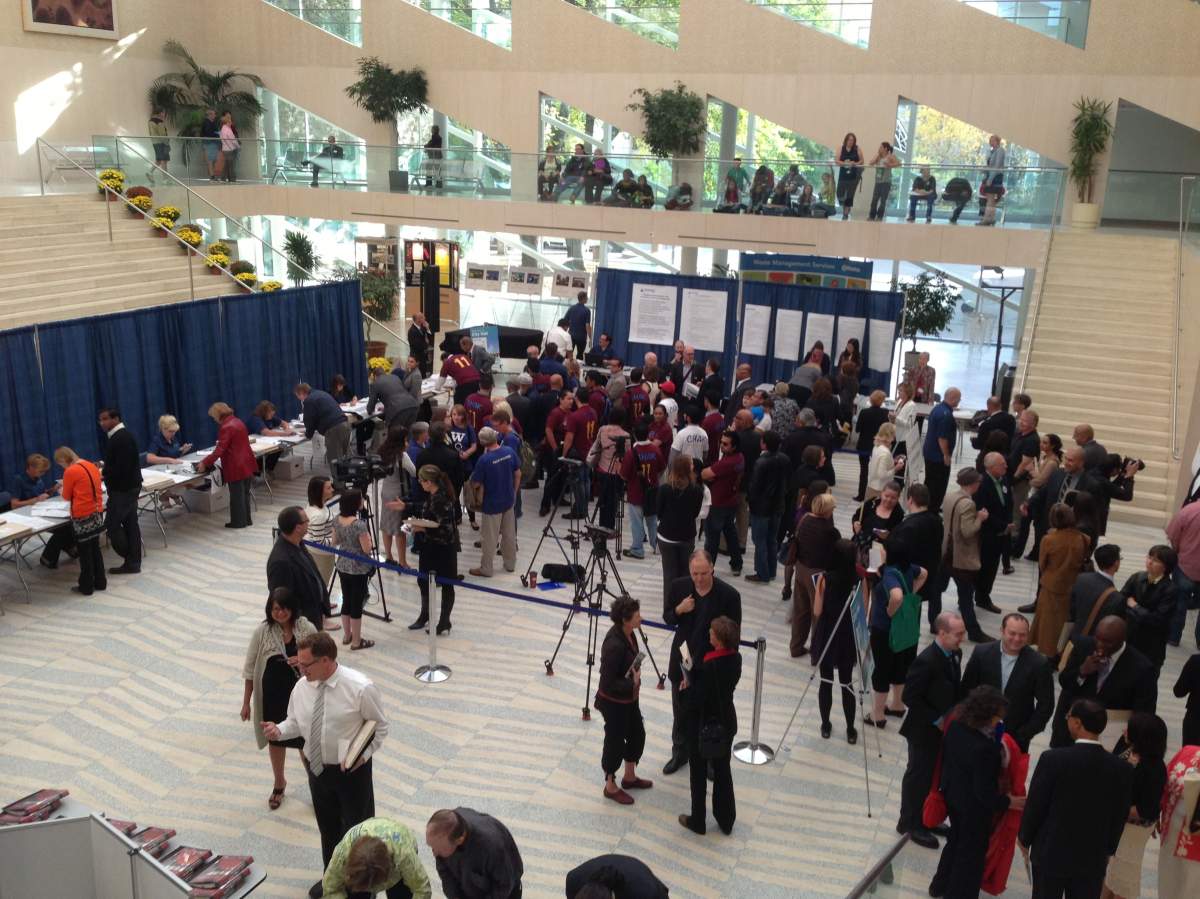 Edmontonians line-up at City Hall Monday, September 23, 2013 to put their names on the ballot for the city's civic election. 

