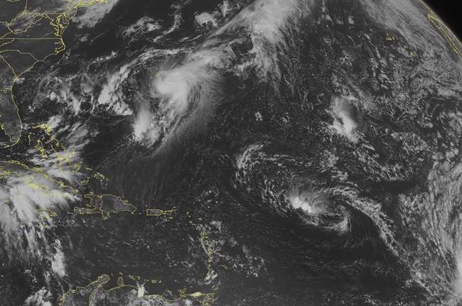 This NOAA satellite image taken Tuesday, September 10, 2013 at 10:45 AM EDT shows Tropical Storm Gabrielle moving south of Bermuda.
