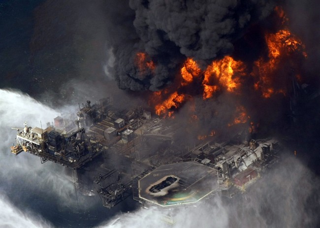 - In an April 21, 2010 file photo, the Deepwater Horizon oil rig burns after a deadly explosion in the Gulf of Mexico. Anthony Badalamenti, who was the cementing technology director for Halliburton Energy Services Inc., was charged Thursday Sept 19, 2013, with destroying evidence following BP’s 2010 oil spill in the Gulf of Mexico. (AP Photo/Gerald Herbert, File).