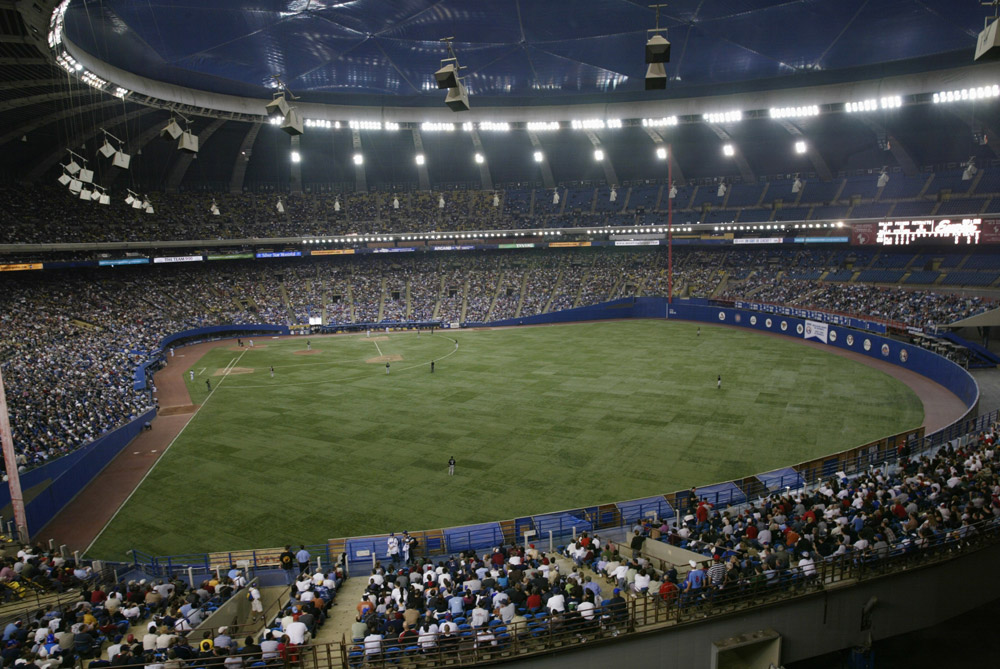 Olympic Stadium during the final Expos home game ever during a game between the Montreal Expos and the Florida Marlins on September 29, 2004 in Montreal, Quebec, Canada.