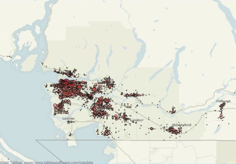 Map of pedestrian crashes in the Lower Mainland.