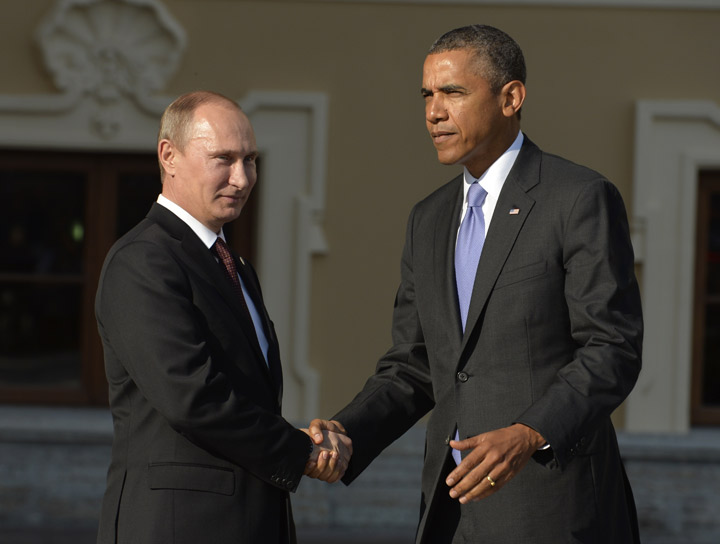 Putin and Obama shake hands Sept. 5, 2013 at the G20 Summit in Russia. ERIC FEFERBERG/AFP/Getty Images