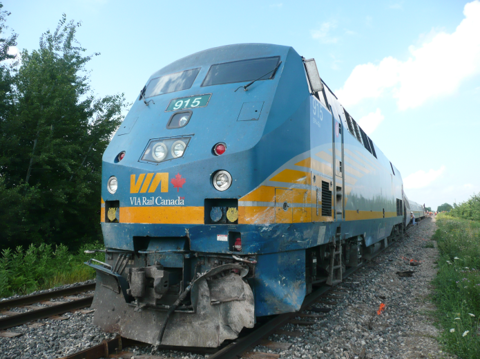 Locomotive 915 with front-end damage, following a 2011 crash that killed 22 year-old John Jobson. Locomotive 915 was involved in Wednesday's crash with an OC Transpo bus in Ottawa that killed at least 6 people.