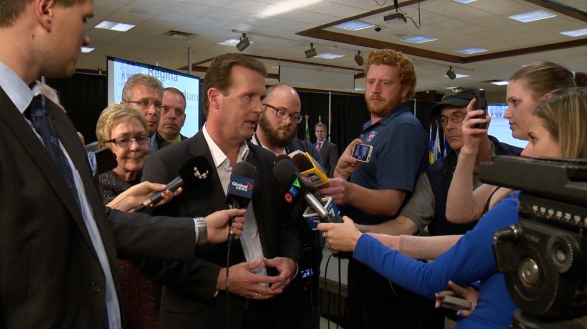 Mayor Michael Fougere addresses Regina media after the referendum results came in Wednesday night.
