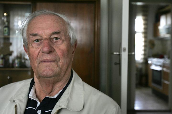 A picture taken in May 2005 shows Rochus Misch, former staff sergeant in the Nazi SS with responsibility for maintaining the telephone lines in Adolf Hitler's bunker, sitting in his home in Berlin. 