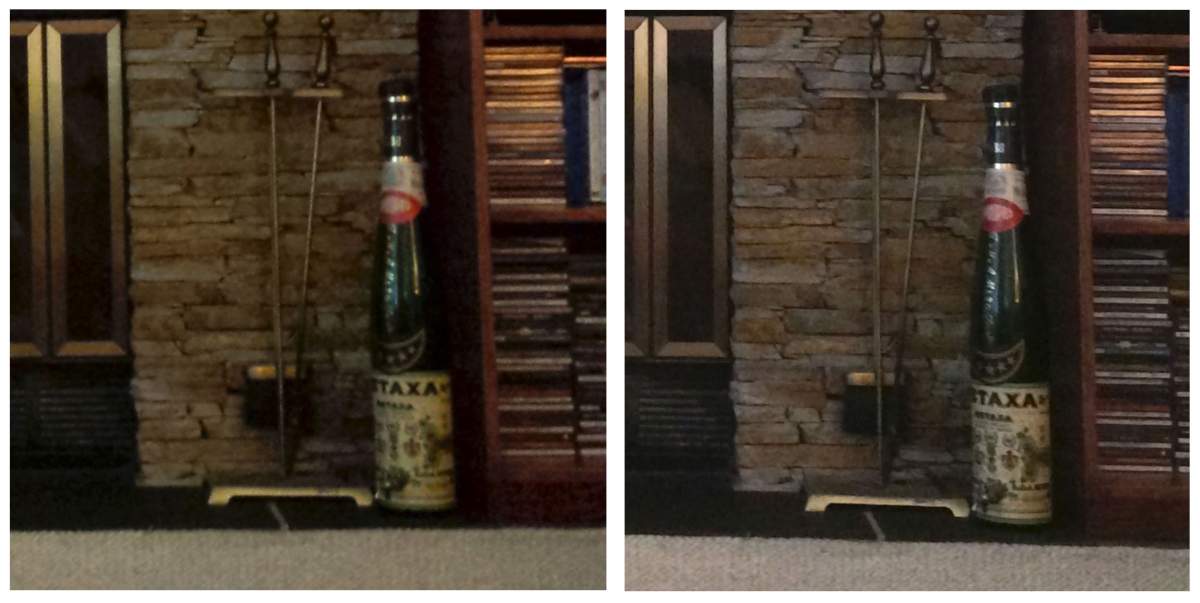 The S4, left loses its 13 megapixel advantage quickly in dim lighting compared to the better quality results from the S5