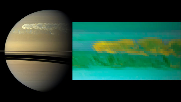 A visible light image of the storm as it swept across Saturn, together with the infrared image (inset) that shows water and ammonia ices.