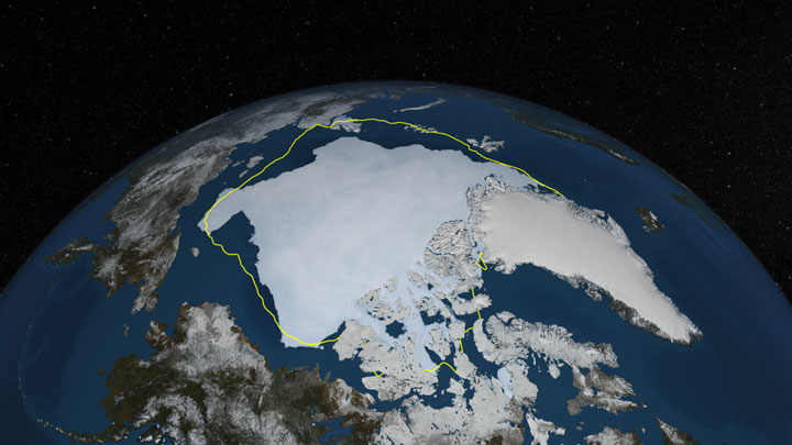 Depiction of Arctic sea ice on Sept. 12, 2013, the day before NSIDC estimated sea ice extent hit its annual minimum, with a line showing the 30-year average minimum extent in yellow.