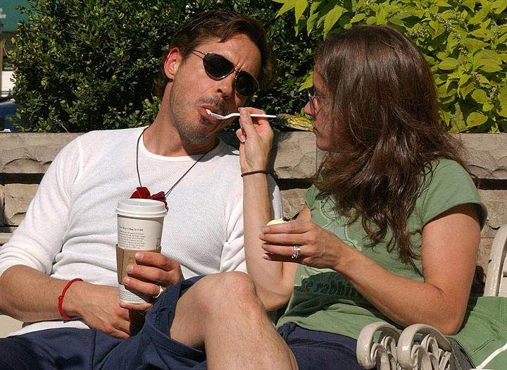 Robert Downey Jr. is spoon-fed ice cream in Yorkville by his wife Susan. (John R. Kennedy / Global News)