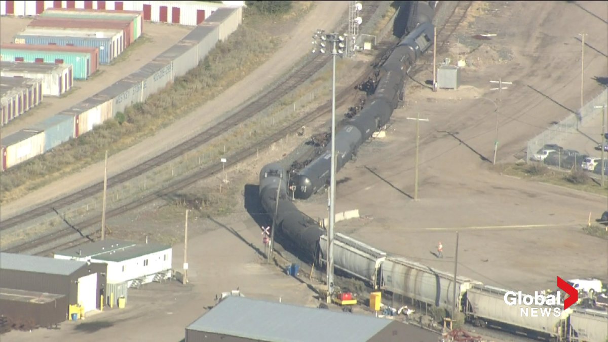 An aerial view of the train derailment in southeast Calgary.