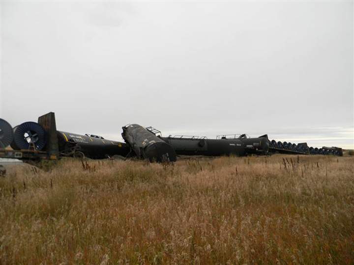 Emergency services were called to a derailed CN train leaking crude oil just west of Landis, Sask.