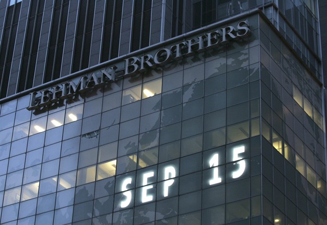  In this Sept. 15, 2008 file photo, Lehman Brothers world headquarters is shown in New York, the day the 158-year-old investment bank, choked by the credit crisis and falling real estate values, filed for bankruptcy. 
