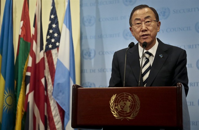 U.N. Secretary General Ban Ki-moon speaks during a press conference following a meeting Syria on Monday, Sept. 16, 2013.