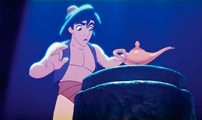 This undated publicity photo provided by Disney Theatrical Productions shows Aladdin with a lamp in a scene from the 1992 animated film, 'Aladdin.' 'Aladdin' gets a new and more mature feel with a Disney stage show.