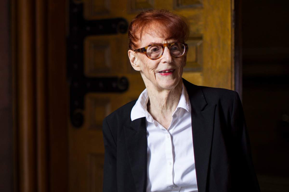 Peace activist Audrey Tobias, 89, steps out of a Toronto court to speak with journalists during a recess on Thursday, October 2, 2013.