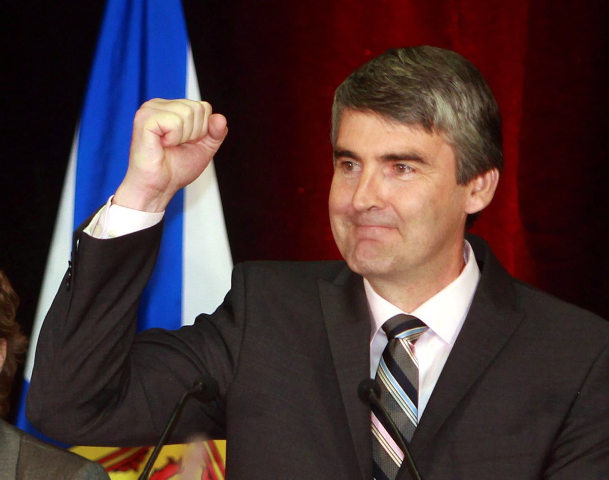 Nova Scotia Liberal Party leader Stephen McNeil celebrates at his campaign headquarters in Bridgetown, Nova Scotia on Oct. 8, 2013 after winning the Nova Scotia provincial election.