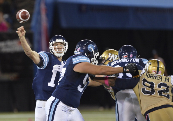 In 4th quarter action, QB Ricky Ray throws.
The Toronto Argonauts beat the Winnipeg Blue Bombers 36-21 at the Rogers Centre Thursday night, October 24, 2013.