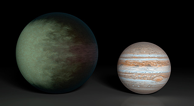 Kepler-7b (left), which is 1.5 times the radius of Jupiter (right), is the first exoplanet to have its clouds mapped. 