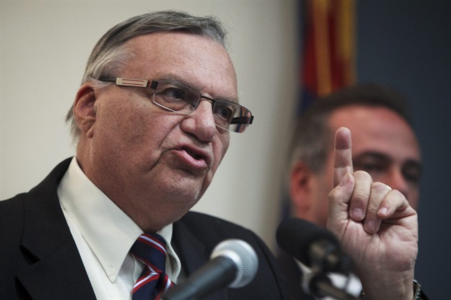 This March 1, 2012 file photo shows Maricopa County Sheriff Joe Arpaio speaking at a news conference in Phoenix. 