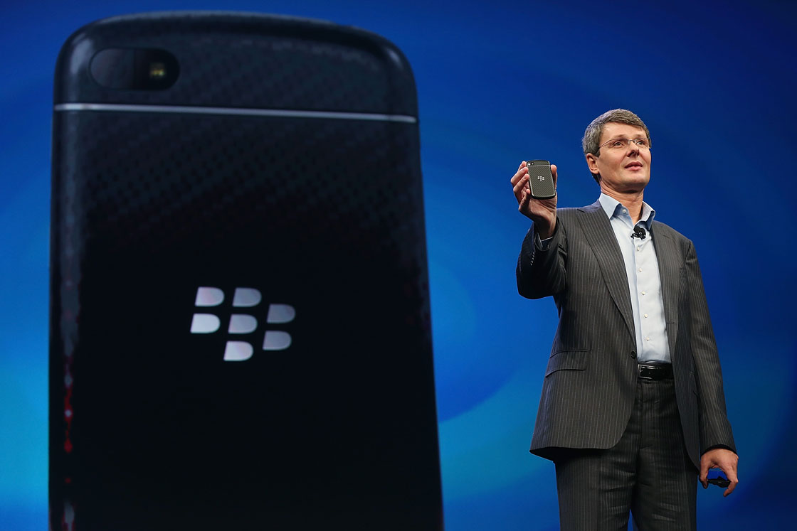 Thorsten Heins unveils the new BlackBerry Z10 in January. Poor sales of the device led to a $1 billion writedown at the Waterloo company. 
