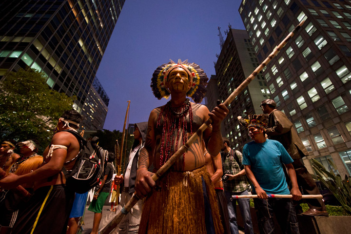 Indigenous Brazilians march along Paulista Avenue in Sao Paulo, Brazil on October 2, 2013, at the beginning of the National Indigenous Mobilization Week. Indigenous people from several ethnic groups take part in a protest to demand more support from the federal government. 