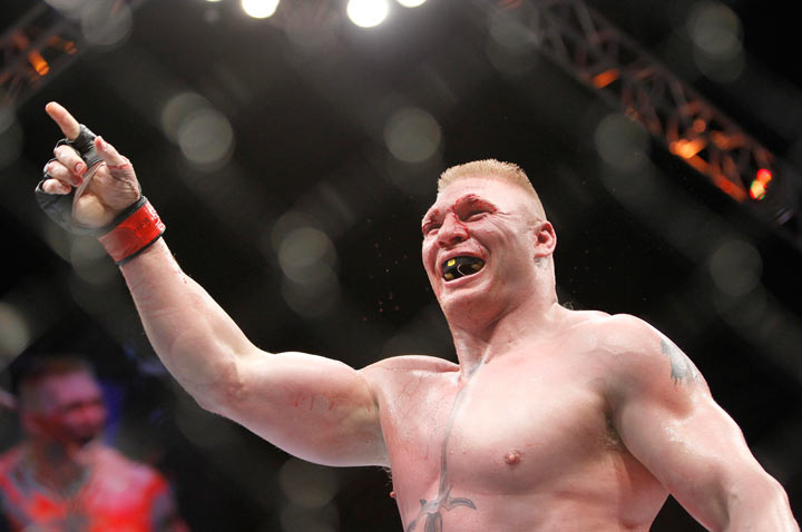 Brock Lesnar celebrates a victory during UFC heavyweight mixed martial arts title on July 3, 2010, in Las Vegas. Lesnar says he was physically ready for Cain Velasquez last October but not mentally so. Lesnar, who lost his title to Velasquez, says the emotional roller-coaster of 2010 took its toll. THE CANADIAN PRESS/AP, Eric Jamison.