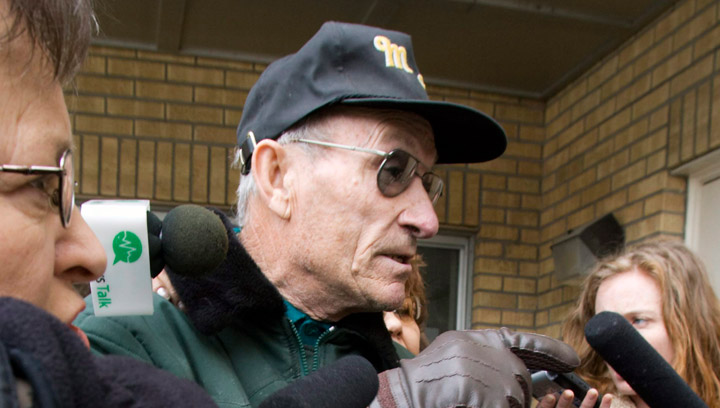 Art Dagenais confronts media following sentencing at his son's murder trial Friday, Mar. 13, 2009 in Saskatoon, Sask. A Prince Albert judge ruled Dagenais, the father of convicted Mountie killer Curtis Dagenais, had his rights breached when officers search his home for weapons.