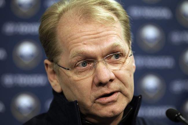 Buffalo Sabres general manager Darcy Regier is shown during an NHL hockey news conference in Buffalo, N.Y., Tuesday, Feb. 7, 2012.  On November 11, the Sabres announced Regier was fired.