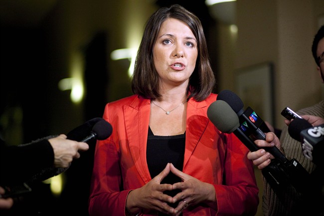Wildrose Party Leader Danielle Smith speaks to reporters in Calgary, Alta., Thursday, Jan. 24, 2013.