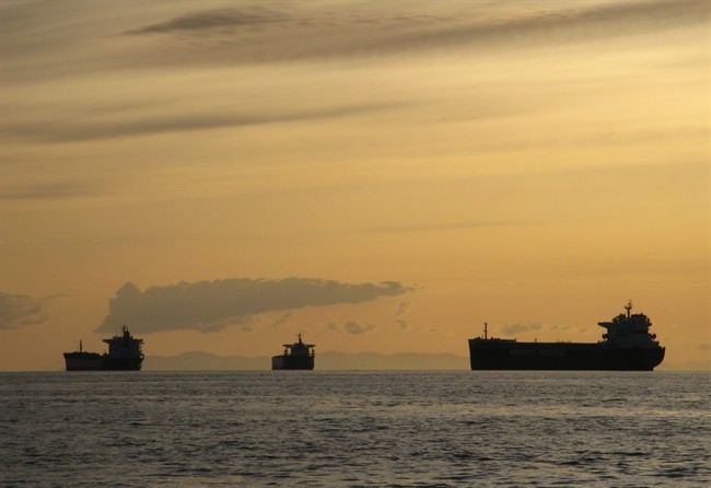 Oil ships are moored in the Strait of Georgia off of Vancouver on April 28, 2007. 