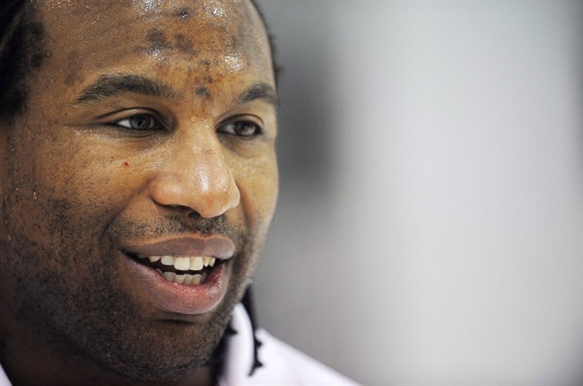 Georges Laraque speaks during an interview following a skating practice session in Ste-Julie, Que., near Montreal, Wednesday, April 6, 2011.