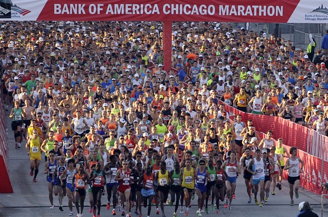 n this Oct. 9, 2011 file photo, Runners start the Chicago Marathon in Chicago. 