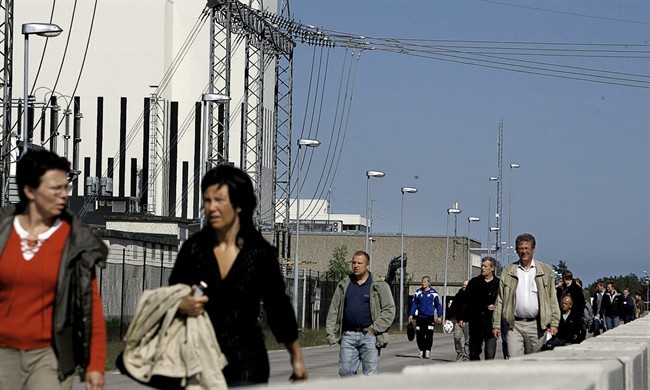 Employees leave the Oskarshamn nuclear power plant in southern Sweden, in a May 21, 2008 photo. 