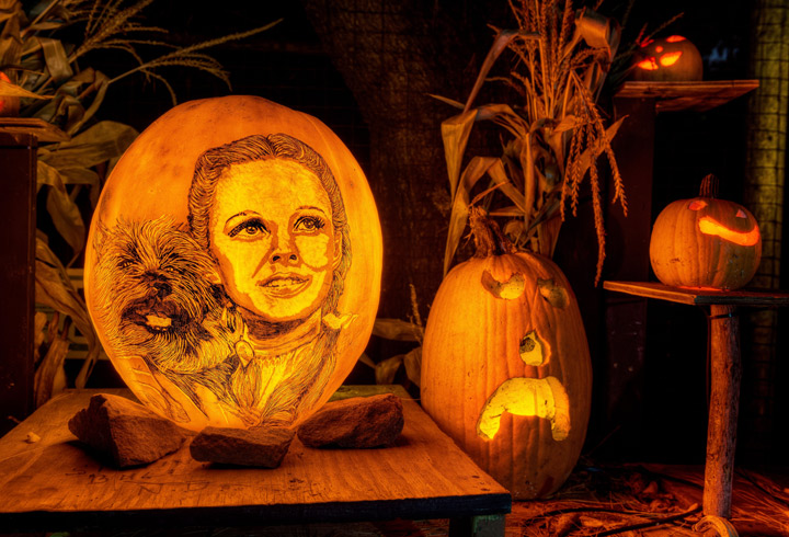 Dorothy from Wizard of Oz carved pumpkin.