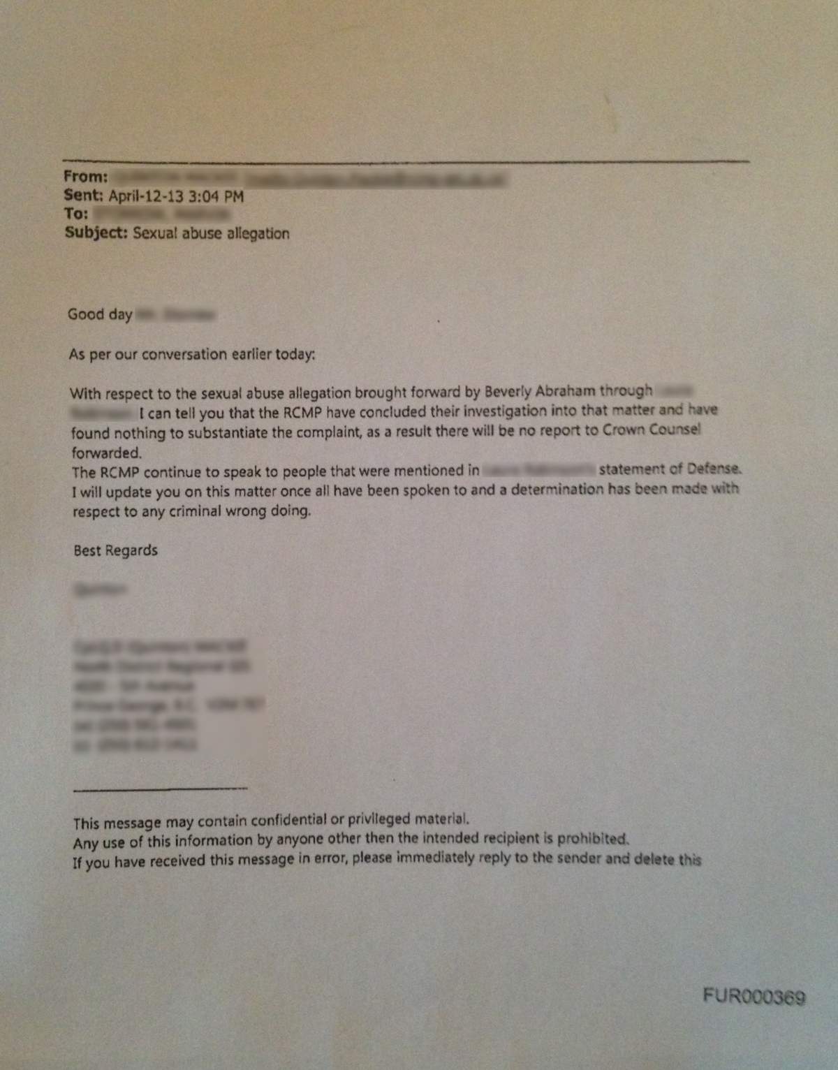 The letter sent to John Furlong.