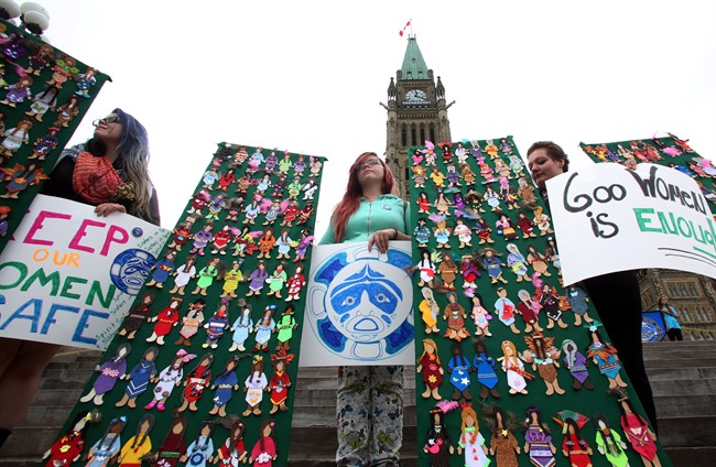 Women take part in a rally on Parliament Hill in Ottawa on Friday, October 4, 2013 by the Native Women's Assoiciation of Canada honouring the lives of missing and murdered Aboriginal women and girls. THE CANADIAN PRESS/Fred Chartrand.