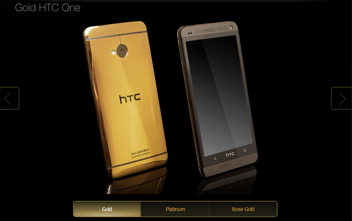 Screenshot of the Goldgenie website, where users can order a 24-carat custom gold plated HTC One.