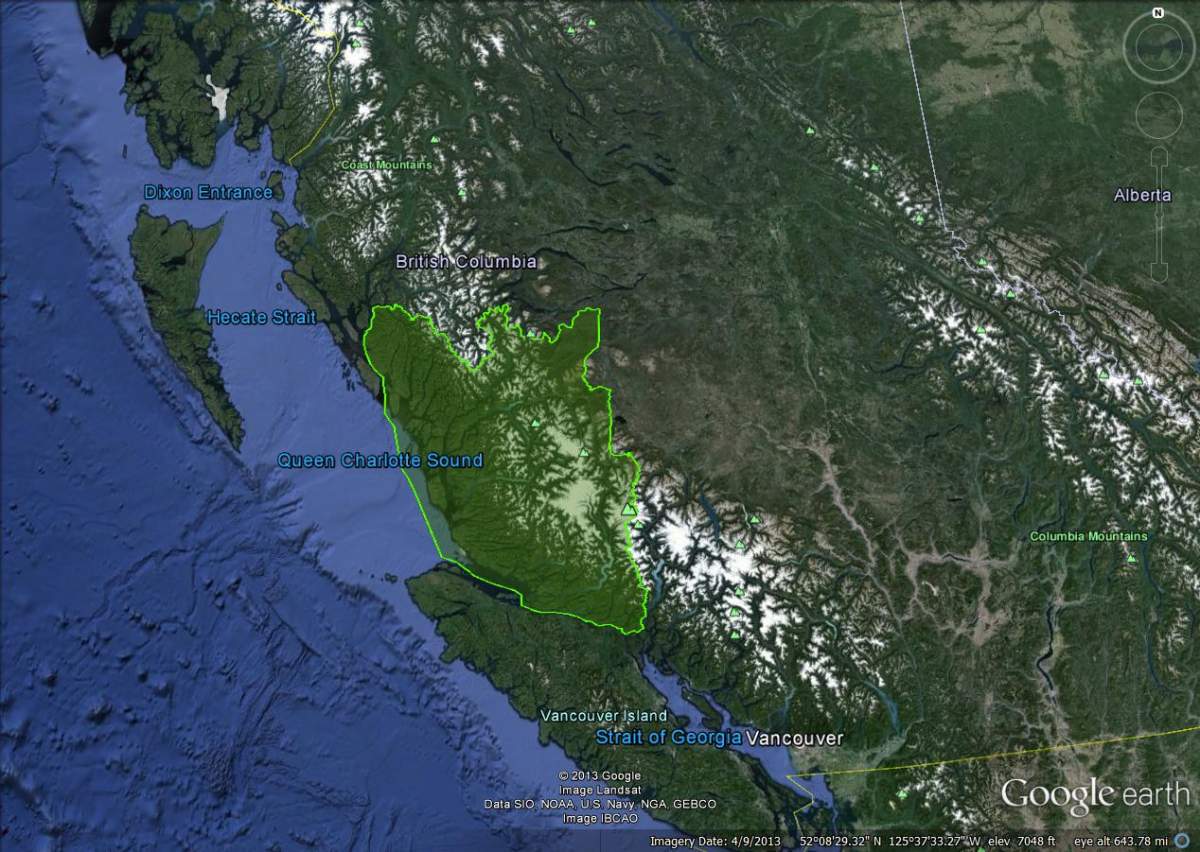 The Great Bear Rainforest (in green) spans 65,000 square kilometres. (Ministry of Forests, Lands and Natural Resource Operations, British Columbia/Google Maps)