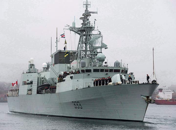 HMCS Toronto heads to the Arabian Sea as part of Operation Artemis, in Halifax on Monday, Jan.14, 2013. A news release from the military says HMCS Toronto intercepted and boarded a suspected smuggling vessel on Saturday morning. The boarding party found 154 bags of heroin weighing more than 180 kilograms.