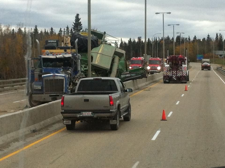 Crash involving a semi and farming combine on Highway 16 eastbound.