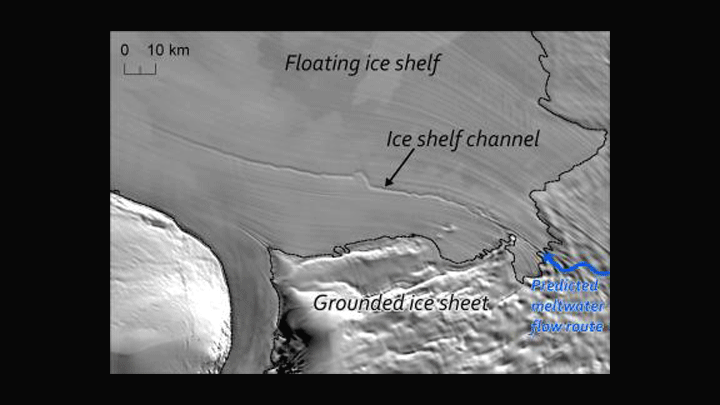 The ice shelf channel is clearly visible on the MODIS Mosaic of Antarctica image map; the predicted flow route of water beneath the grounded ice sheet aligns with the initiation of the ice shelf channel. The dashed line marks the point at which the ice starts to float. (MODIS Mosaic of Antarctica [MOA] Image Map/Anne le Brocq)