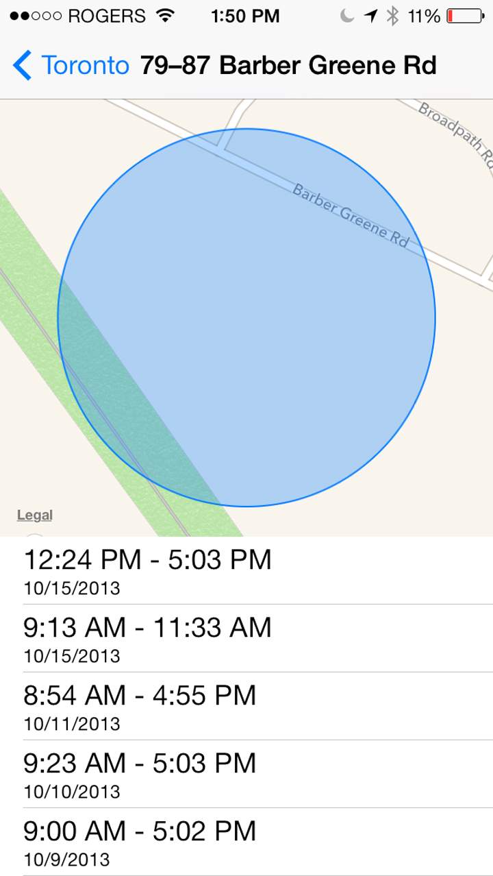An example of how the frequent locations setting tracks time and dates spent at a location.