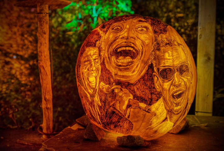 James Brown, Little Richard and Ray Charles carved pumpkin.