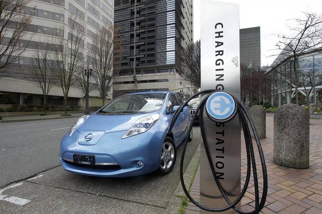 This March 31, 2011 file photo shows an electric charging station in downtown Portland, Ore.