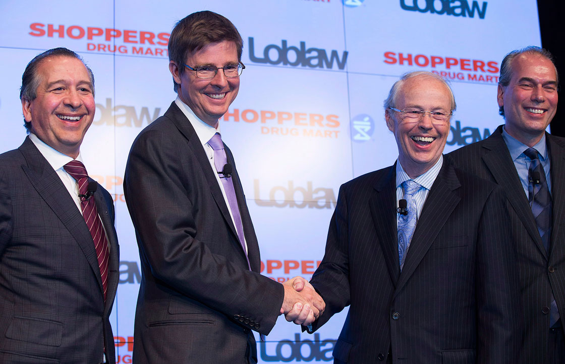 Loblaw and Shoppers executives announce the $12.4 billion deal in July. Left to right: Domenic Pilla, head of Shoppers, Galen Weston Jr., executive chairman of Loblaw; Holger Kluge, chair of Shoppers and Vicente Trius, president of Loblaw.